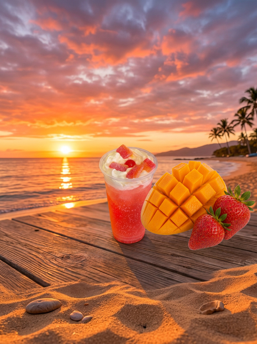 A Sour Sunset — red soda with whipped cream, gummy strips and a cherry