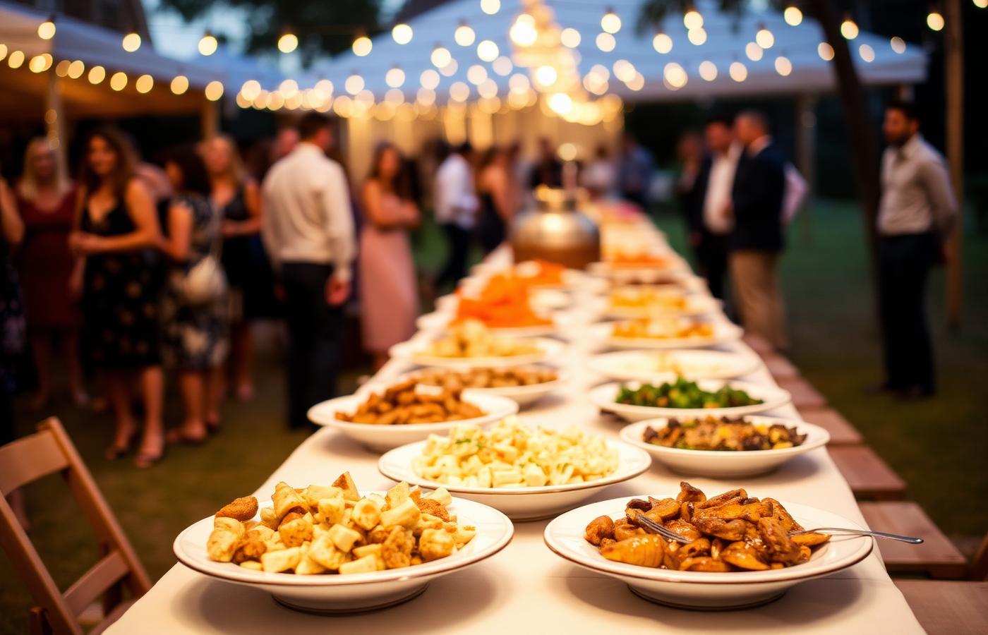 Long catering table filled with platters of food under string lights