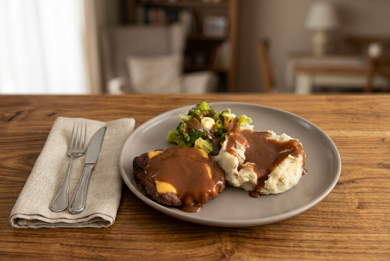 Home-cooked steak, mashed potatoes and vegetables